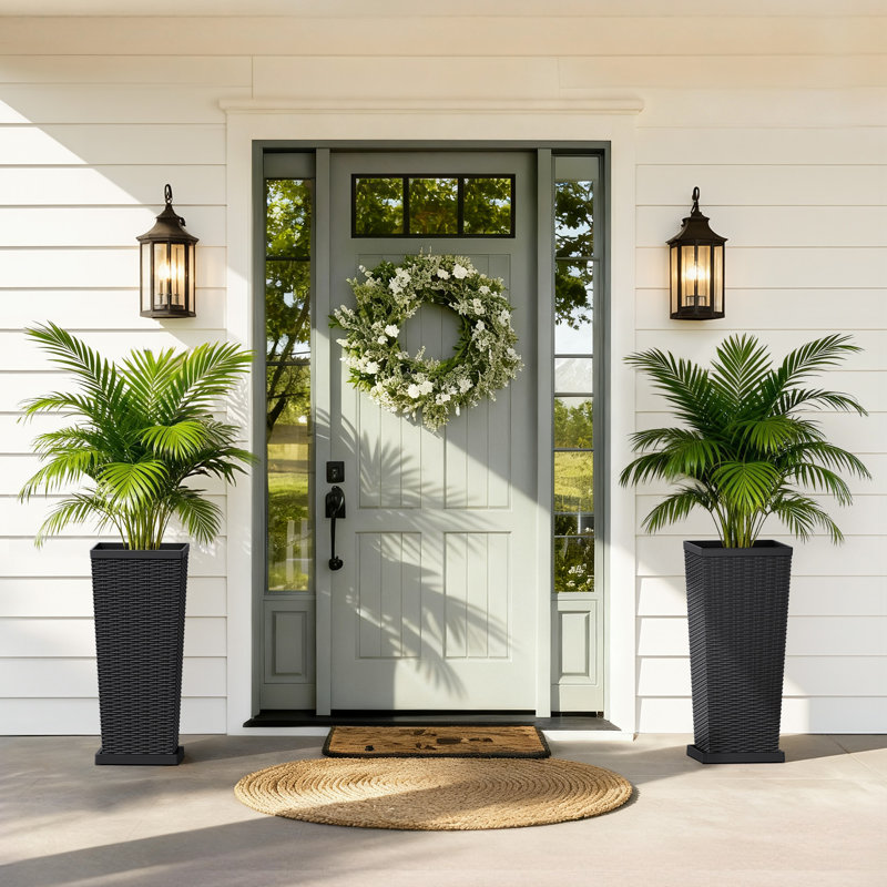 25/31 in. Imitation-Wicker Plastic Tall Planter Pot with Drainage Hole & Tray, 31"H, Black