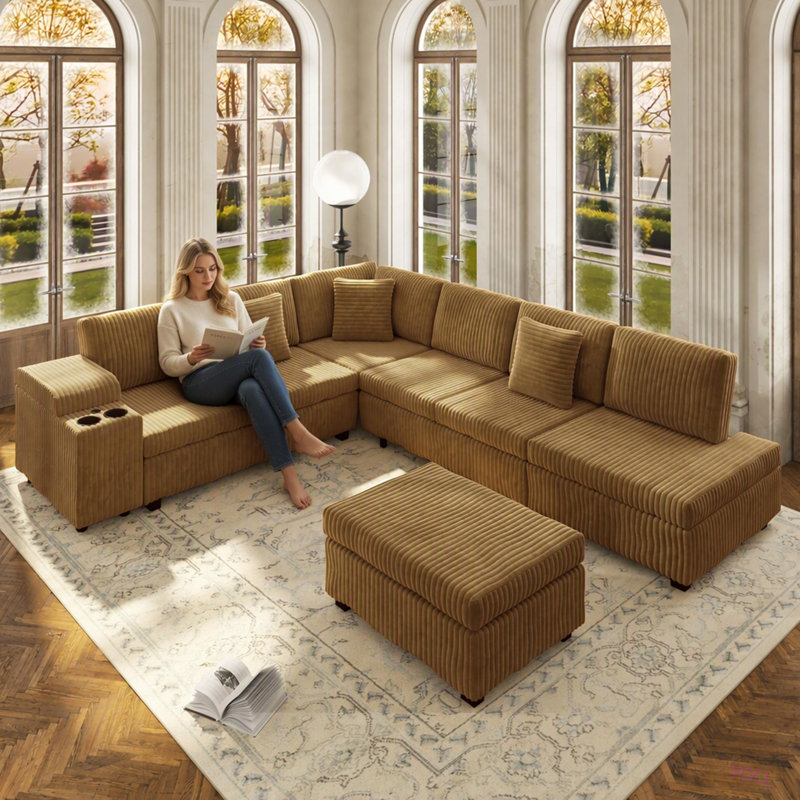 Canapé d'angle en L de 280 cm avec pouf amovible, canapé-lit convertible avec rangement dissimulé dans l'accoudoir, ports de chargement USB et porte-gobelets, revêtement en velours côtelé doux, idéal pour le salon ou un appartement.