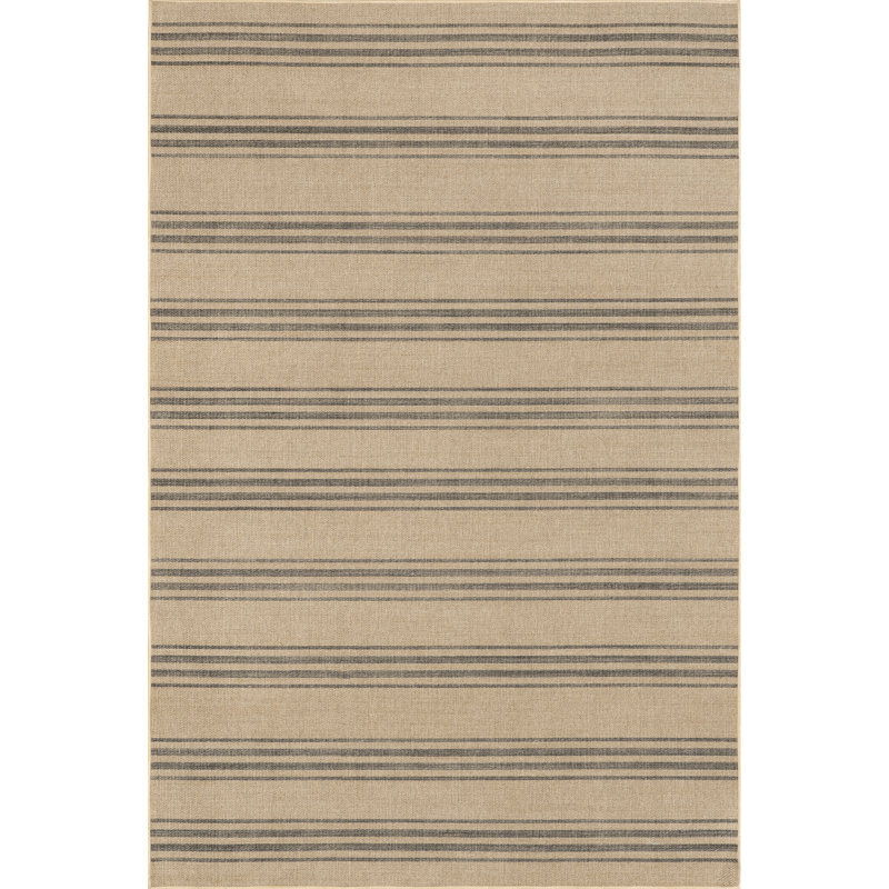 Natural Beige and Gray Striped Synthetic Washable Rectangular Rug 4' x 6'