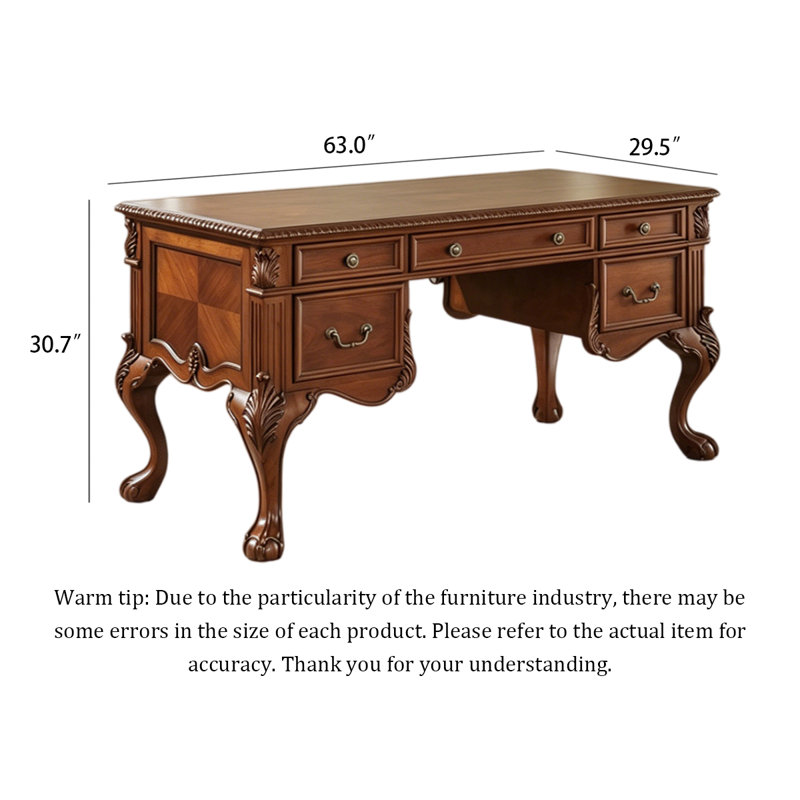 Bureau de direction traditionnel en bois massif avec pieds sculptés en cabriole, H 30,71 po x l 62,99 po x P 29,53 po