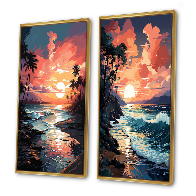 Orange coucher de soleil orange plage I - ensemble de salon art mural bord de mer, Encadrement doré, H 40 po x l 41 po