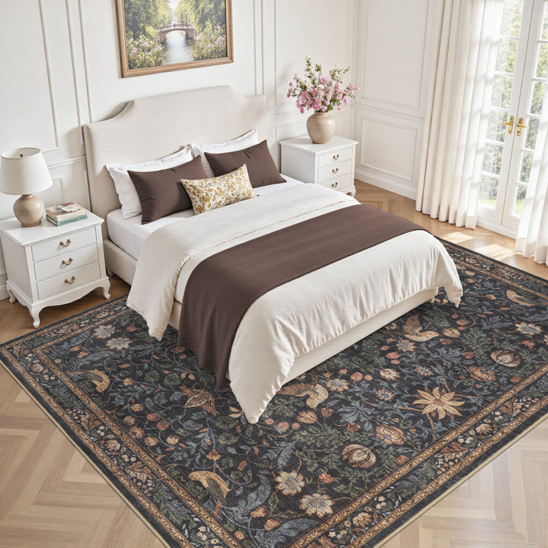 Soft Vintage Floral Washable Non-Slip Area Rug For Living Room, Bedroom Charcoal & Sage Green, Rectangle 5' x 7'