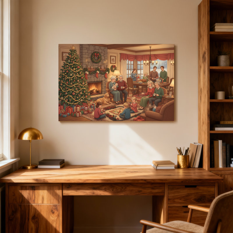 Scène de salon de Noël en famille, H 12 po x l 18 po