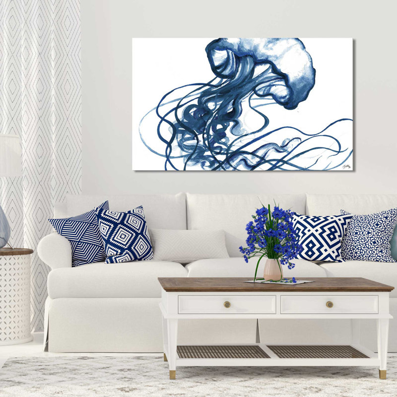«Jelly Fish in Blue», reproduction de peinture à l'aquarelle, H 18 po x l 30 po x P 1 po, Toile tendue