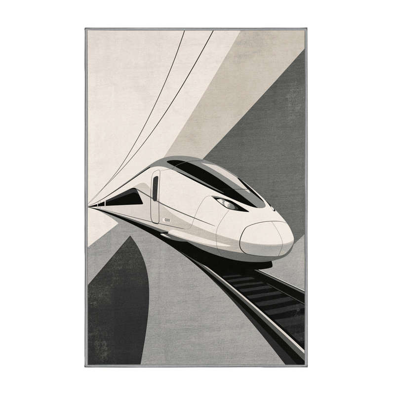 Machine Washable Vehicles And Transportation Modern Passenger Train Modern & Contemporary Rug in Beige – Gray Binding, 3x5