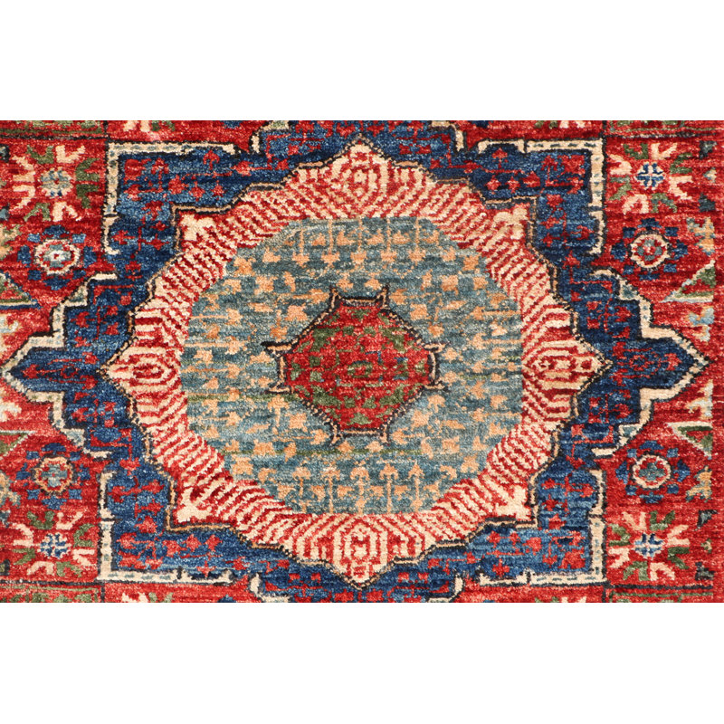 Chemin de table rouge, bleu marine et ivoire noué à la main de haute qualité