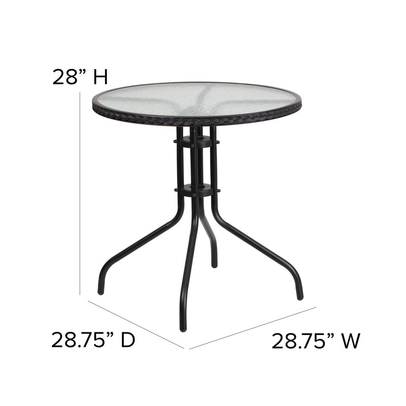 28'' Round Metal Table with Rattan Edging and 2 Rattan Stack Chairs, Black