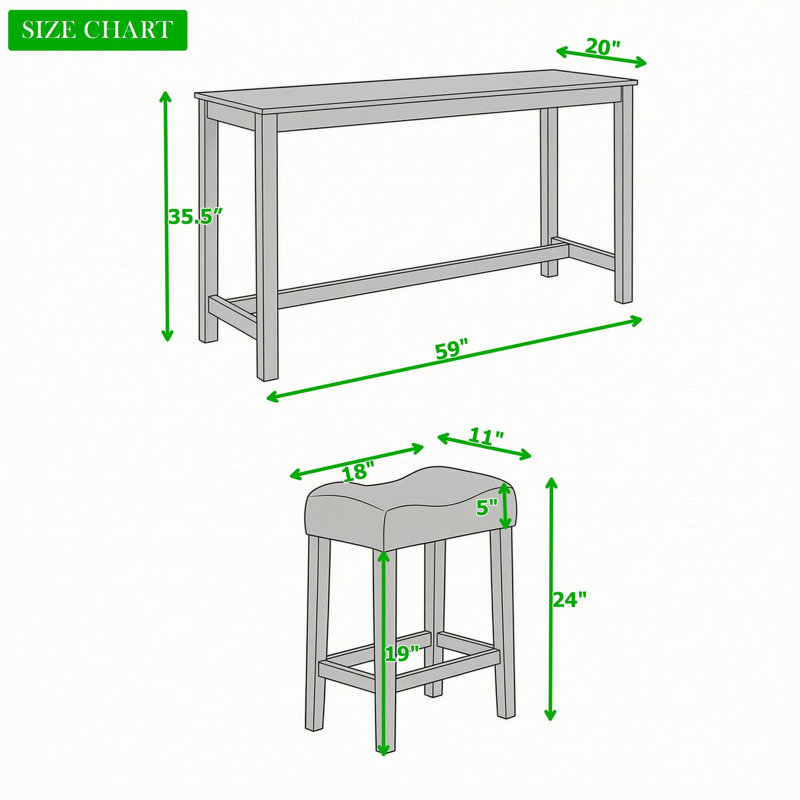 Ensemble de table de bar rectangulaire en bois avec 3 tabourets rembourrés et ports de chargement, Gris / blanc