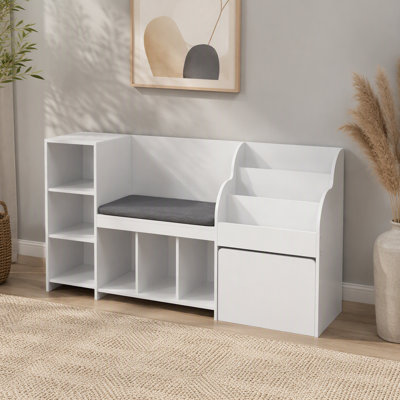 Kids Reading Nook, Wooden Storage Bench with Backrest, Kids Bookshelf & Toy Organizer, Large Toy Box Chest for Playroom, Living Room or Entryway, Easy Assembly, 66.9 x 15.8 x 31.5 in, White