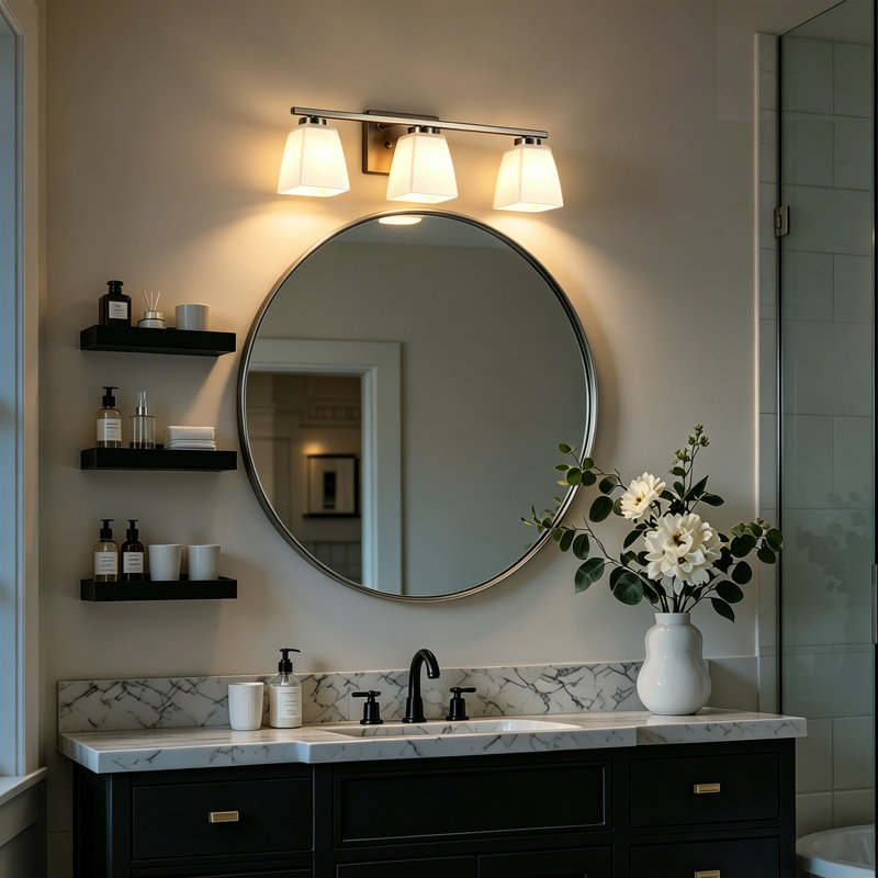 22 po Éclairage pour meuble-lavabo moderne 3 lumières avec abat-jour carrés en verre gravé blanc, Nickel