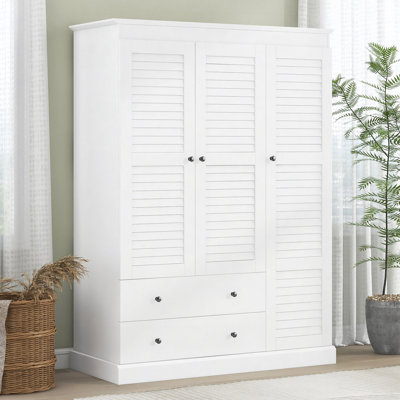 3 Shutter Door Wardrobe Armoire Closet With 2 Drawers, White
