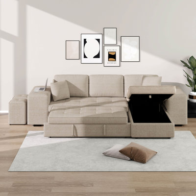 104.5 Inch Modern L-Shape 3 Seat Reversible Sectional Couch, Pull Out Sleeper Sofa With Storage Chaise And 2 Stools