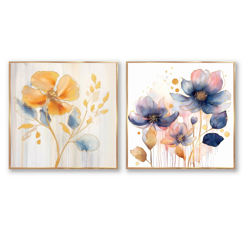 Blooms bleu et beige harmonieux - ensemble de 2 collages carrés abstraits, Cadre flottant doré, H 16 po x l 33 po