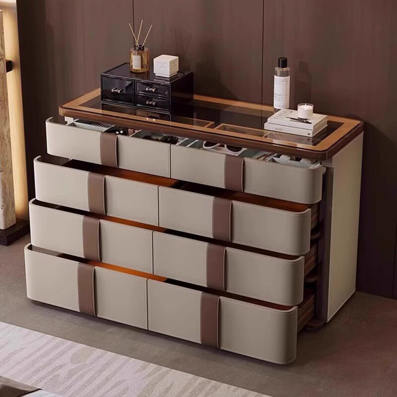 Comptoir rectangulaire en verre trempé transparent de 70,87 po, surface d'armoire en cuir de couleur kaki, armoire de rangement pour bijoux