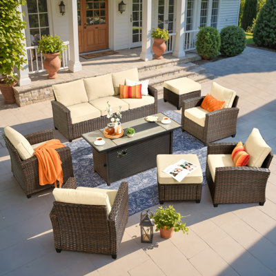 8 Pieces Outdoor Wicker Rattan Sofa Couch With 4 Chairs, Ottomans And Comfy Cushions, Patio Furniture Set With Firepit Table, All Weather High Back C