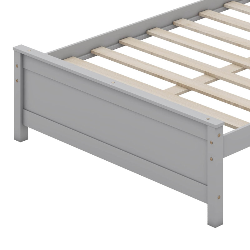 Base de lit plateforme avec tête et pied de lit, table de chevet avec tiroir de rangement et tablettes supérieures, gris