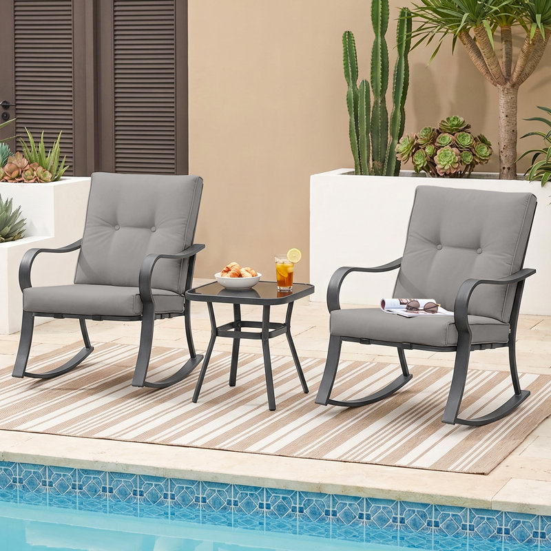 3 Piece Rocker Seating Group with Cushions, 2 - Person Outdoor Rocking Patio Chairs Set with Tempered Glass Top Coffee Table for Porch, Backyard, Balcony
