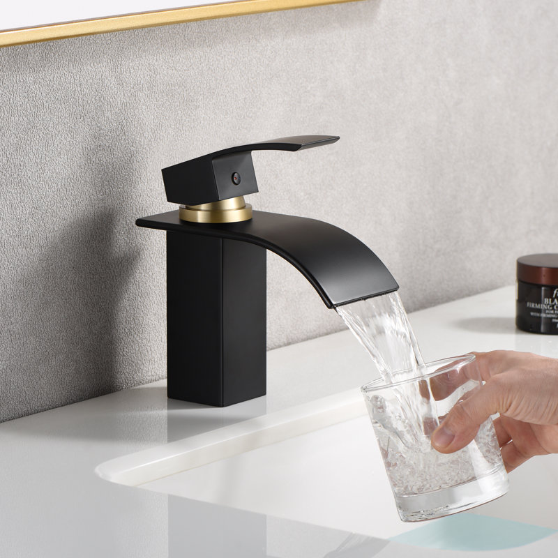 Sumerain Waterfall Bathroom Sink Faucet Modern Vanity Faucet Lead-Free 304 Stainless Steel Single Handle, Matte Black/Gold