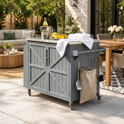 42.1" Outdoor Kitchen Island with Side Shelf, Outdoor Grill Cart with Storage Cabinet, Outdoor Kitchen Cabinet with Stainless Steel Top,  Adjustable Shelf and 4  Wheels for Pizza Prep, Grey Blue