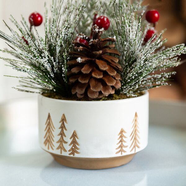 Northlight 12 Frosted Pine Berries and Pine Cones Floral Arrangement in Tin Pot