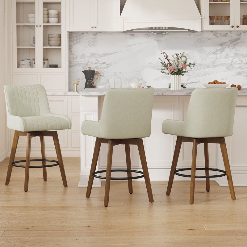 Extra-Wide 360° Swivel Bar Stool With Pocket Spring Seat & Solid Wood Base, Beige