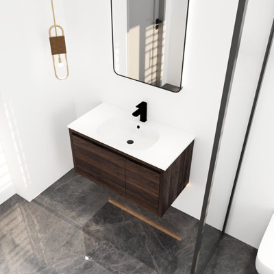 36 Inch Bathroom Vanity With Gel Sink, Wall Mounted Fixtures, Ample Storage Choices, Walnut, To Scratches 36" Basin, Stylish Cabinet Unit , Plywood Construction, Walnut Colour, Door Feature