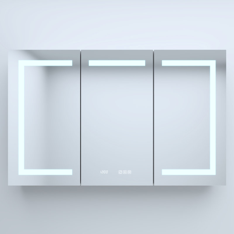 Rectangulaire 48 po X P 30 H Armoire à pharmacie encastrée / à fixation en aluminium argentée avec miroir haute définition, fonction de brouillard, stations de charge à grande surface intégrée, temps / température, trois