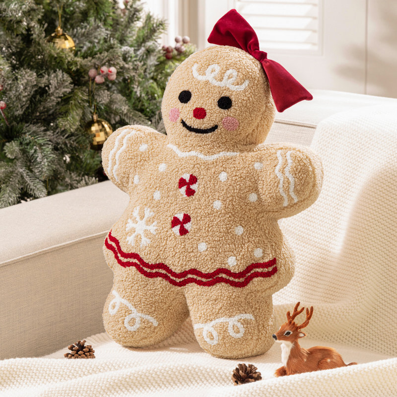 Teddy Sherpa Xmas Gingerbread Girl Throw Pillow, Merry Christmas Decorative Pillow, Lady Gingerbread - Beige