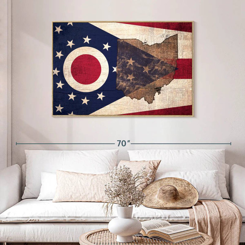 State Map Over Ohio Flag, Floating Frame Natural Wood, 46" X 31"