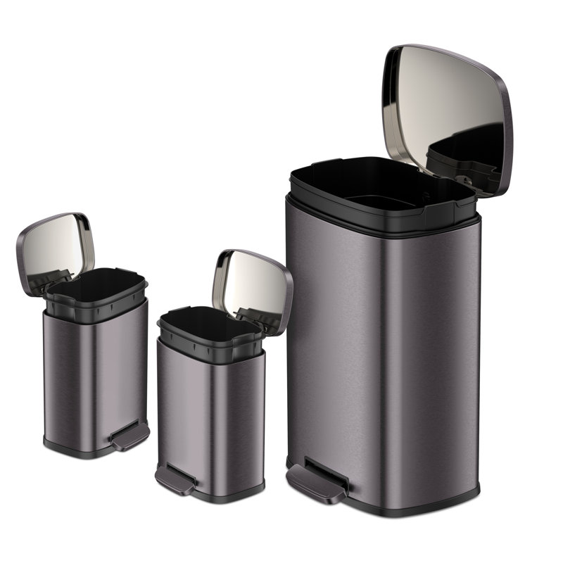 Black Stainless Steel Commercial Step Trash Can Set with Soft Close Lid