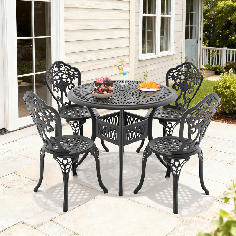 5-Piece Cast Aluminum Outdoor Dining Set,35.43" Round Table with Umbrella Hole & 4 Chairs with 15.35" Seat Width