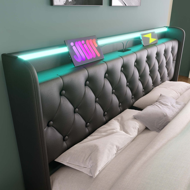 Lit tapissier avec fonction DEL à 360 °, Très grand, Noir