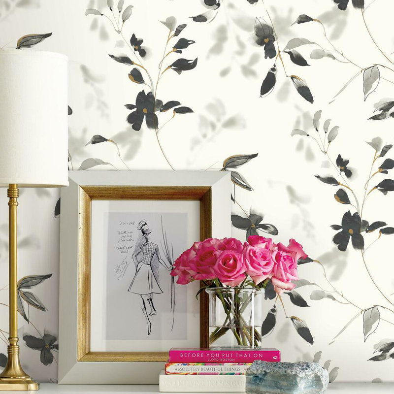 Floral Peel & Stick Wallpaper Roll, White/Black/Gold