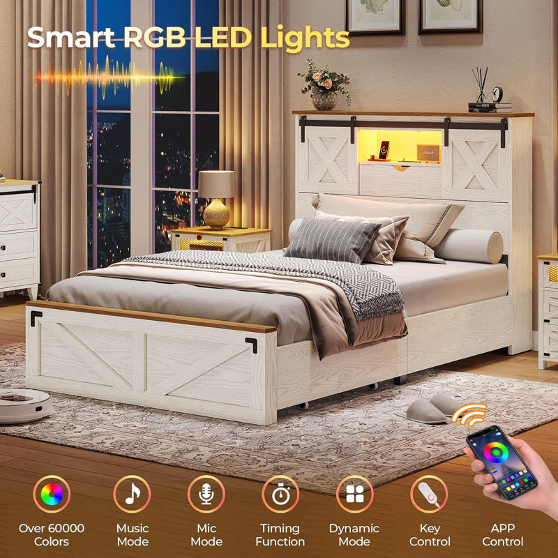 Farmhouse Bed Frame With 2 Storage Drawers, Wooden Platform Bed With Led Lights And Charging Station, Rustic Headboard With Sliding Barn Door Storage Cabinets