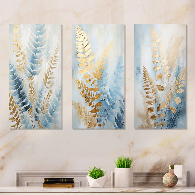 «Blue and Golden Ferns Symphony - Fougères», ensemble d'art mural sur toile, Toile tendue, H 32 po x l 48 po