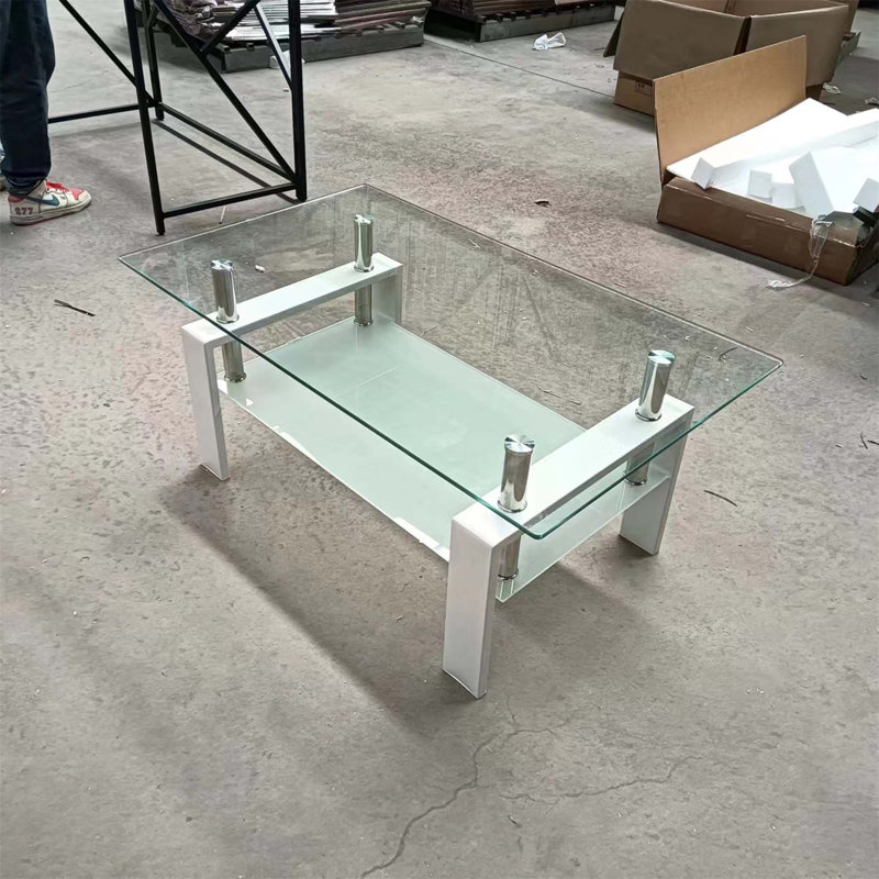 Table basse en verre trempé transparent, table de salon 2 couches avec cadre en panneau de fibres à densité moyenne durable et pieds antidérapants