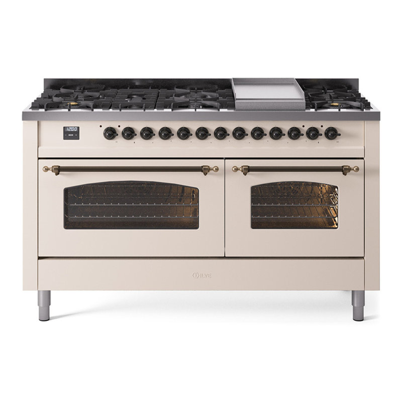ILVE Nostalgie II 60 Dual Fuel Range, 9 Burners, Griddle, Antique White/Bronze, Natural Gas