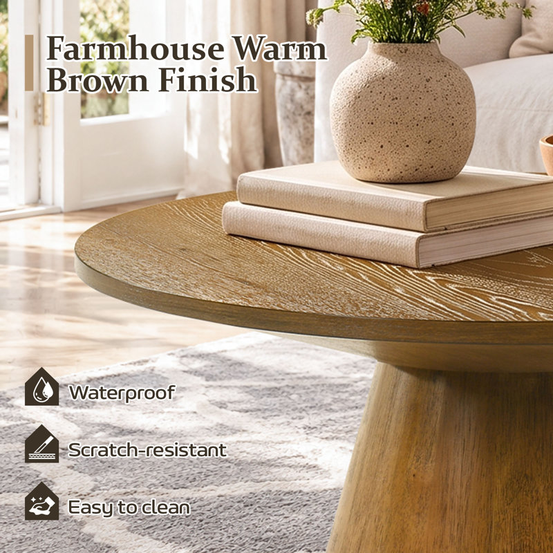 36" Modern Round Coffee Table with Pedestal Solid Wood Base, Farmhouse Style Circular Side Table For Living Room and Office