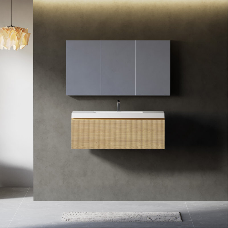 Meuble-lavabo flottant 36 po avec lavabo 36 po, meuble de rangement mural moderne à rayures avec tiroir à fermeture en douceur