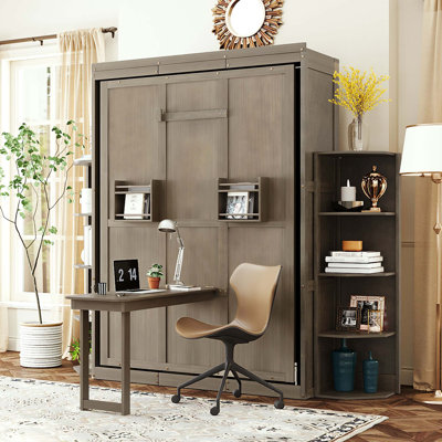 Lit escamotable double rotatif avec armoire murale cachée, deux tablettes latérales à 3 niveaux, bureau convertible, supports de rangement supplémentaires, lit mural multifonctionnel peu encombrant pour le bureau à domicile et les petites pièces
