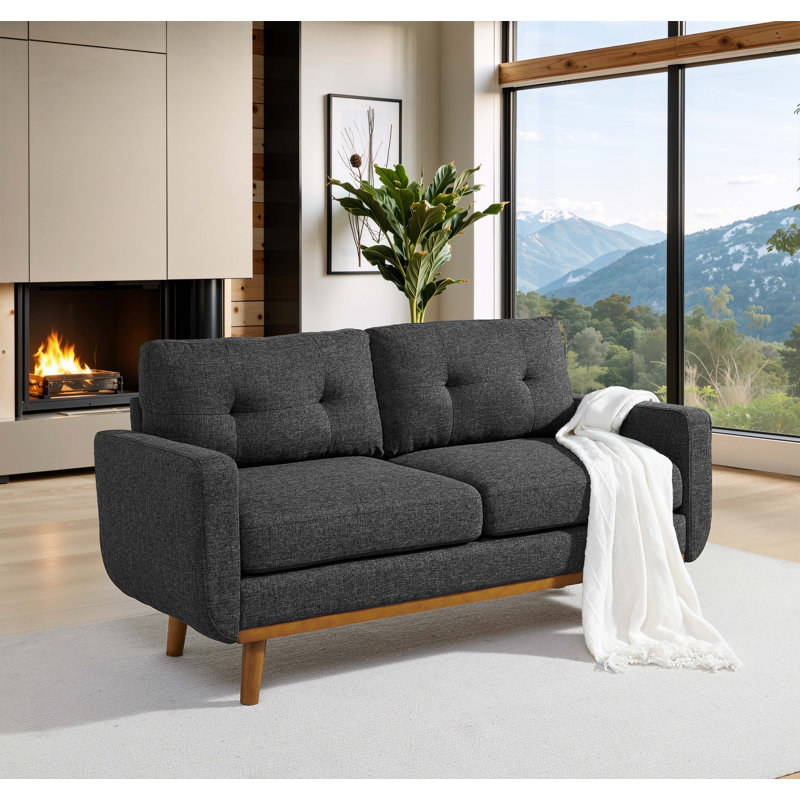 67.7" Wide Mid-Century Modern Upholstered Tufted Loveseat Sofa With Wooden Legs, Dark Gray