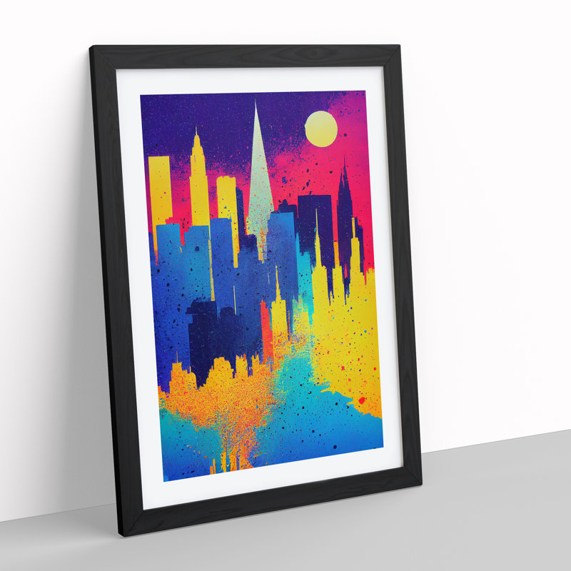 Colourful City Skyline No.1 - Painting, 66cm H x 48cm W x 2cm D, Black Framed, White