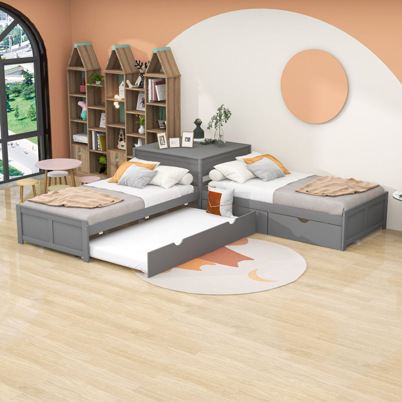 Lit plateforme simple en L en forme de L à 2 tiroirs avec lit gigogne et table intégrée, gris