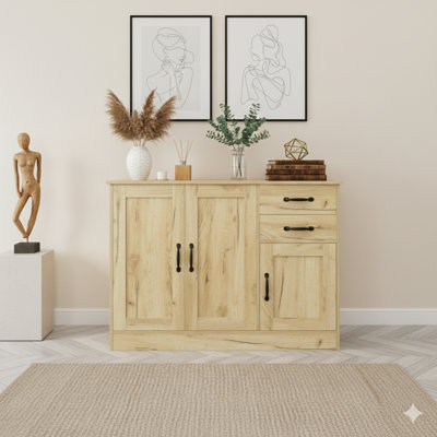 Modern Wood Buffet Sideboard With Two Doors, One Storage Compartment, And Two Drawers, An Entryway Serving And Storage Cabinet, Also Functions As A Dining Room Console, 43.3 Inches Wide, In An Oak Finish