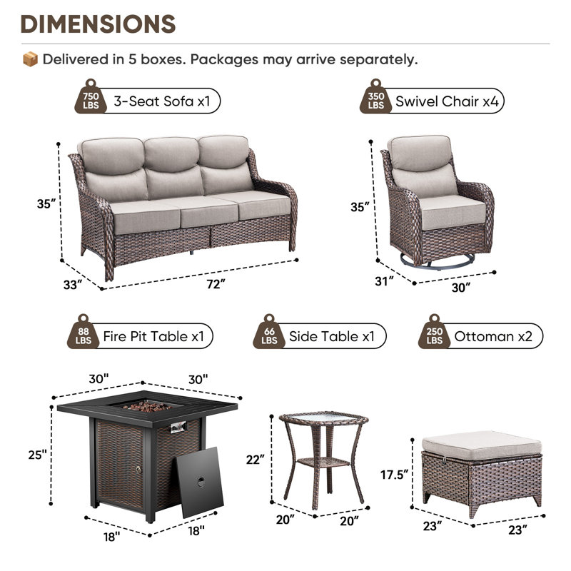 Polygala 9-Piece All-Weather Outdoor Wicker Patio Square Metal Fire Pit Table Conversation Set With 4 Swivel Gliders, Ottomans And Side Table