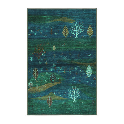 Tapis bleu / vert foncé en laine et en polyester tissé à la machine Eklavya