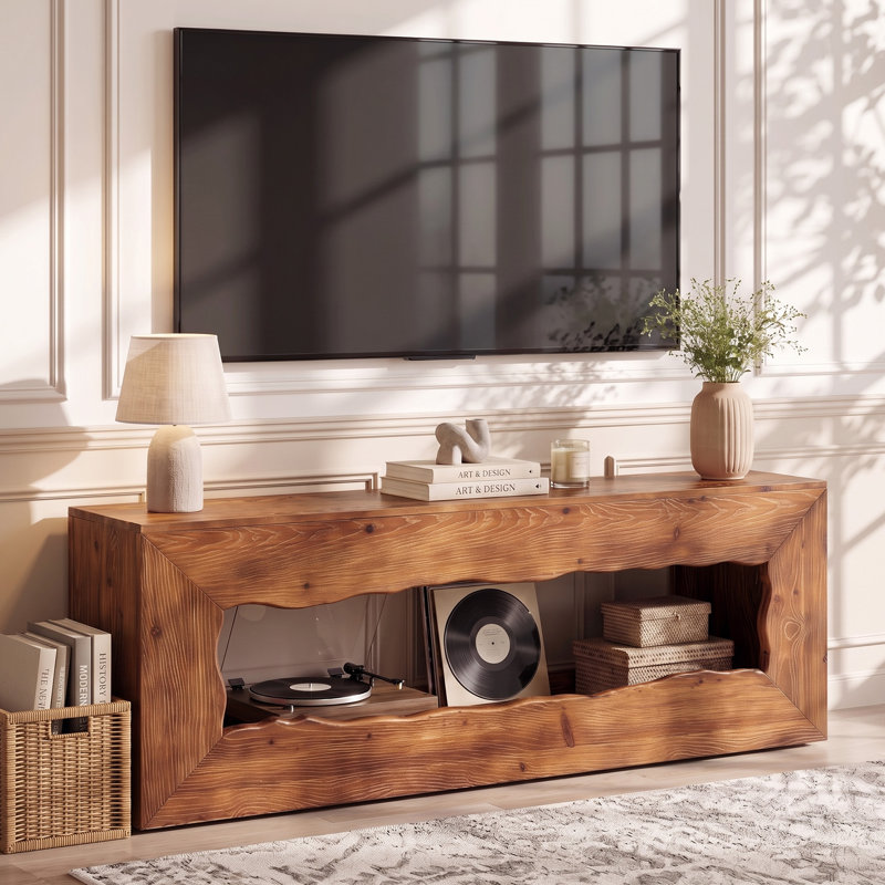 Meuble télé 63 po en bois massif avec rangement ouvert