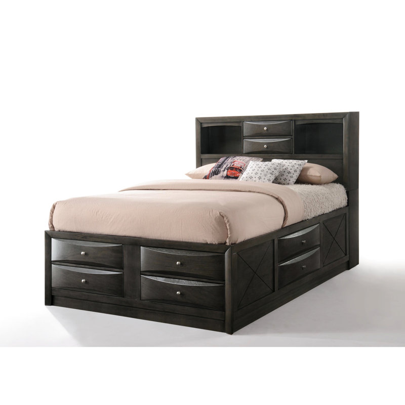 Grand lit en chêne gris avec 8 rangements - Panneau de particules, sans sommier, rangement en bois, bois d'hévéa, tête de lit rectangulaire