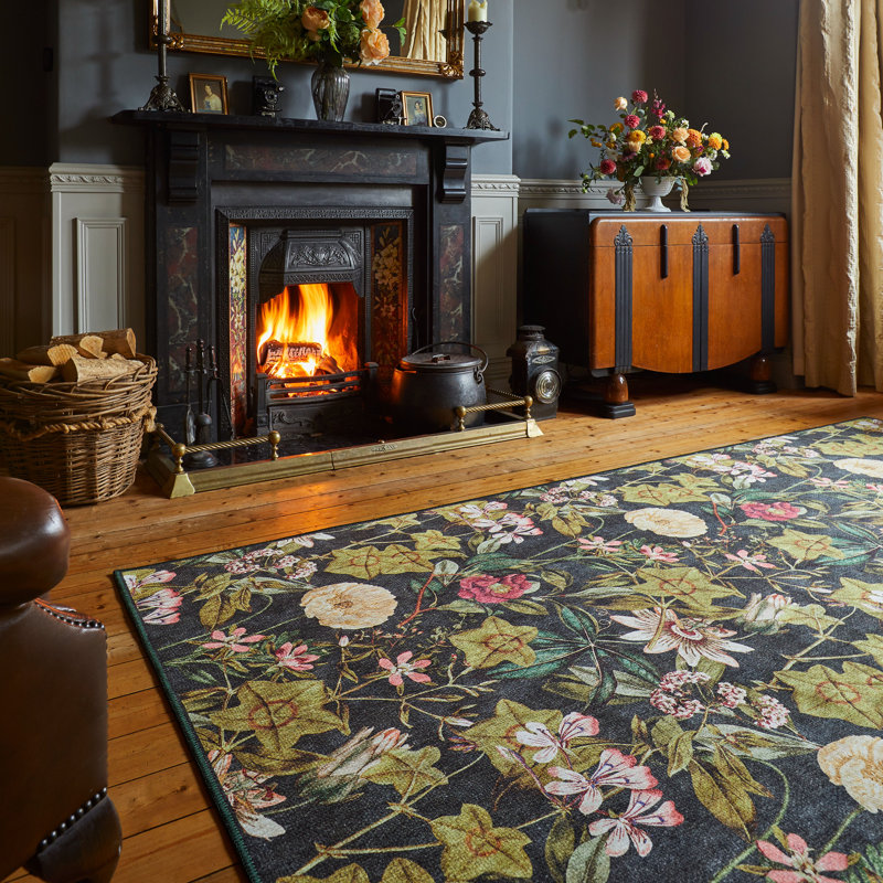 Clarke & Clarke Floral Digitally Printed 76cm X 150cm Area Rug, Green/Black, Rectangle 76 x 150 cm