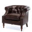 Chaise en similicuir brun classique, dossier à boutons, fauteuil élégant, finition décorative, capitonnage, dossier confortable, structure en bois franc